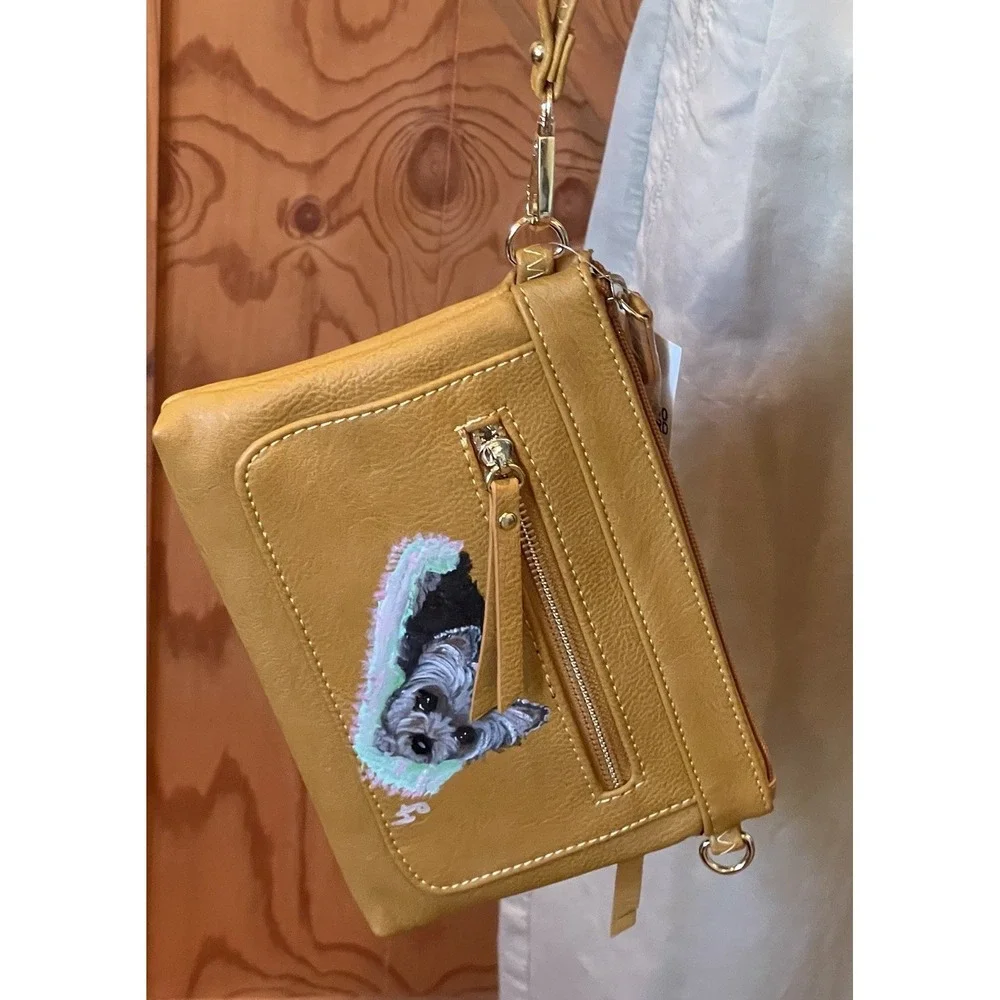 Mustard Yellow Wristlet Crossbody Hand Painted Yorkie Dog 3 Zip NWT